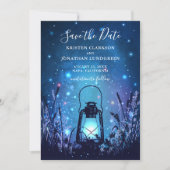 Whimsical Lantern and Fireflies Blue Save the Date (Voorkant)