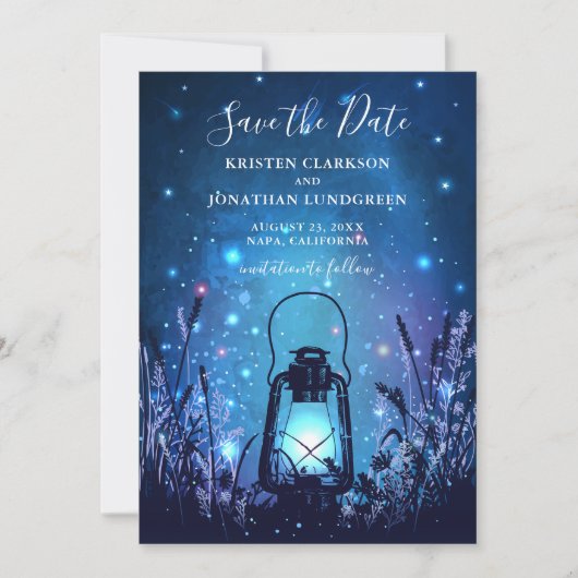 Whimsical Lantern and Fireflies Blue Save the Date (Voorkant)