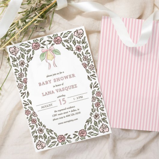 Whimsical Lemon Floral Preppy Coquette Baby shower Kaart