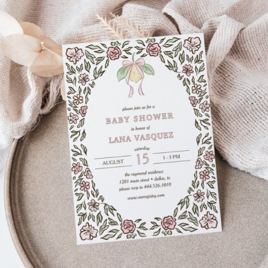 Whimsical Lemon Floral Preppy Coquette Baby shower Kaart