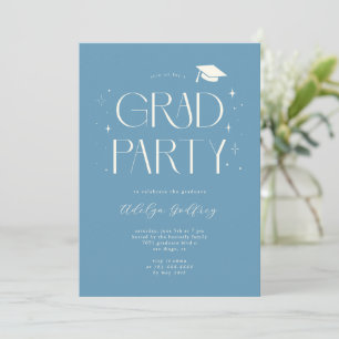Whimsical Lettertype Denim Blauwe Afstudeerfeest Kaart