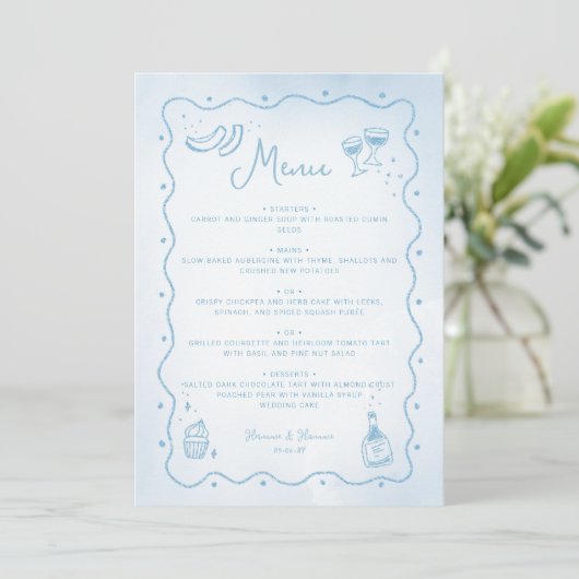 Whimsical licht blauw hand getrokken voedsel bruil menu (Staand voorkant)