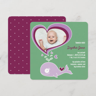 Whimsical liefde Paarse walvis baby meisje foto ge Aankondiging