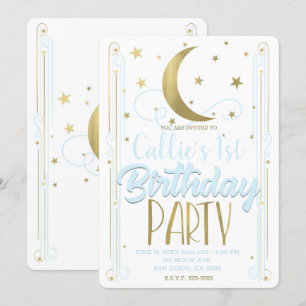 Whimsical Light Blue Gold Moon Stars Birthday Kaart