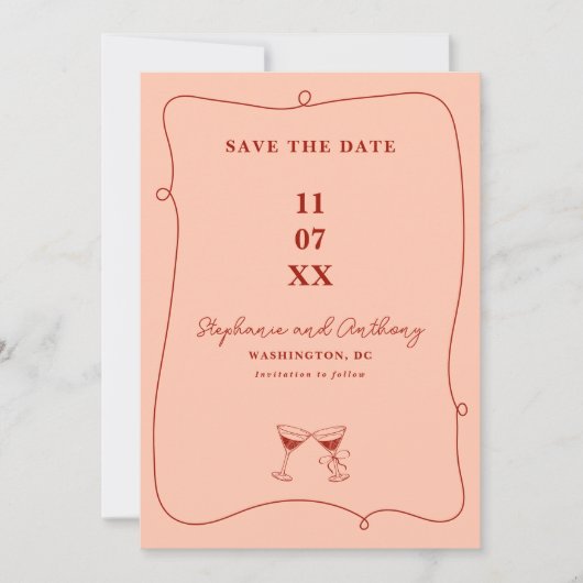 Whimsical Lijst en glazen rood en koraal bruiloft Save The Date (Voorkant)