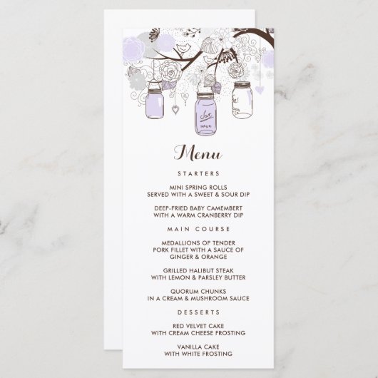 Whimsical Lila Mason Jars Floral Menu Kaart (Voorkant / Achterkant)