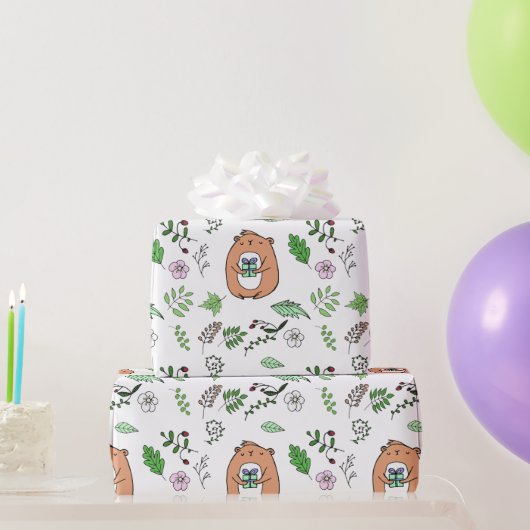 Whimsical Little Brown Beer and forest Leaves Cadeaupapier (Feestgeschenken)