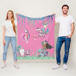 Whimsical Little Mermaids under the Zee Monogram Fleece Deken
