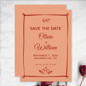 Whimsical Lovebirds, Oranje en rode bruiloft Save The Date