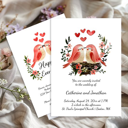 Whimsical Lovebirds Pink Hearts Wedding | Kaart