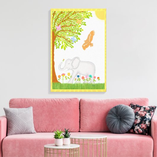 Whimsical Lucky Elephant Nursery Scene Design Canvas Afdruk (Insitu (Woonkamer))