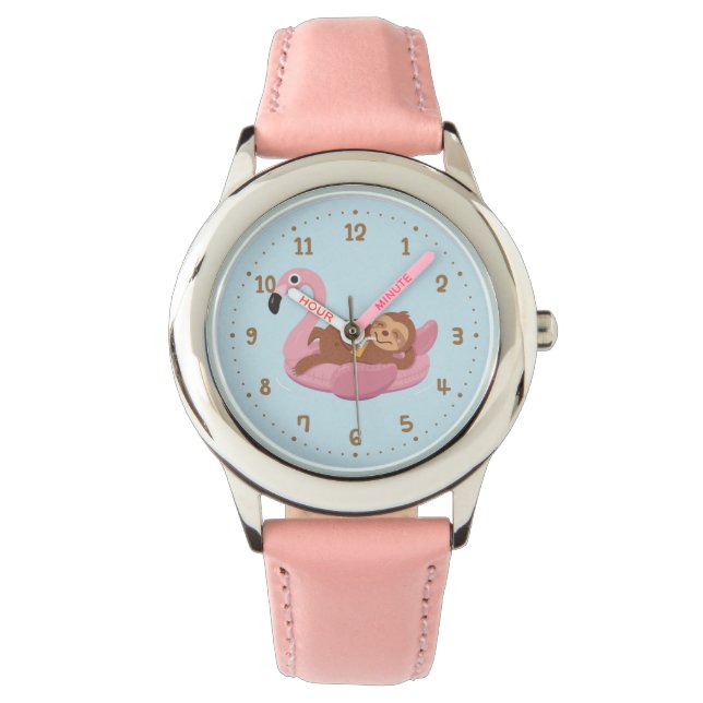 Whimsical luiaard op roze flamingo float meisjes h horloge (Voorkant)