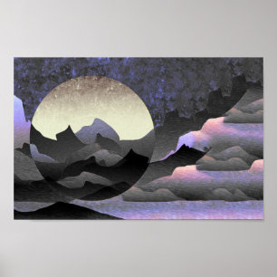 Whimsical Maan en Bergen Abstracte Kunst Poster