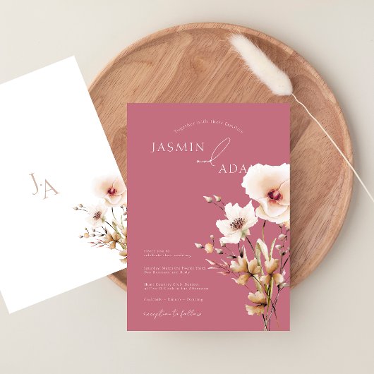 Whimsical magenta roze wilde bloemen bruiloft kaart