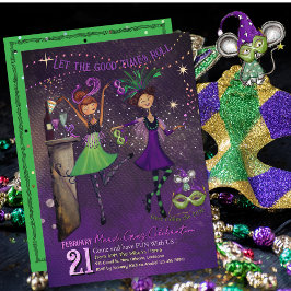 Whimsical Mardi Gras Dancing Girls Green & Purple Kaart