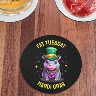 Whimsical Mardi Gras Vet Dinsdag Hippo Sticker Ronde Kartonnen Onderzetter