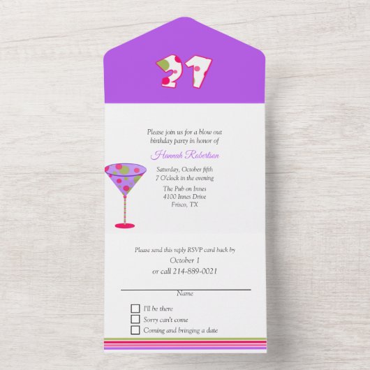 Whimsical Martini Glass 21st Birthday Party All In One Uitnodiging (Binnen)