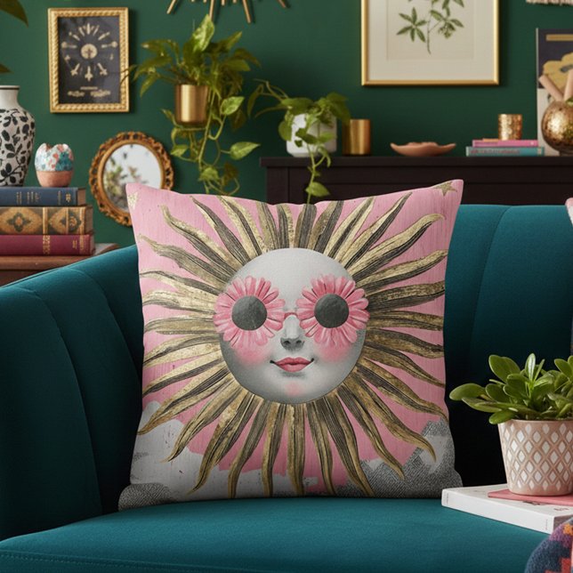 Whimsical Maximalist Celestial Sun Pink Floral Sun Kussen (Creator heeft geüpload)