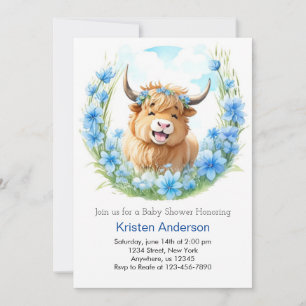 Whimsical Meadow Highland Koe Boy Baby shower Kaart