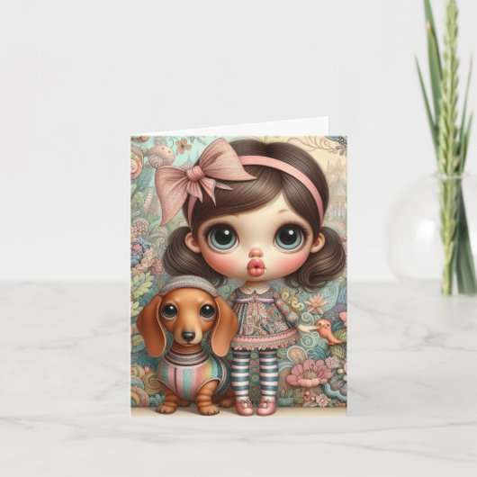Whimsical Meisje met Dachshund Kaart (Voorkant)