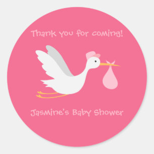 Whimsical Meisje Ooievaar Baby shower Ronde Sticker