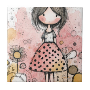Whimsical Meisje Waterverf met Bloemaccenten (2) Tegeltje