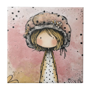 Whimsical Meisje Waterverf met Bloemaccenten (7) Tegeltje