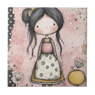 Whimsical Meisje Waterverf met Bloemaccenten (8) Tegeltje