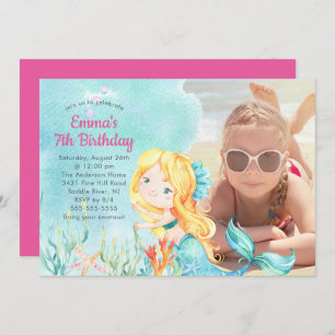 Whimsical Mermaid Photo Birthday Invitation Kaart