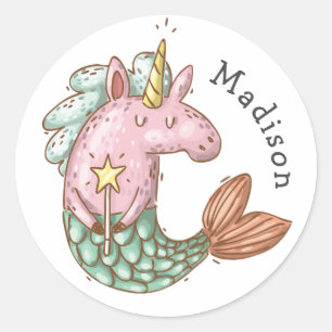 Whimsical Mermaid Unicorn met naam Ronde Sticker