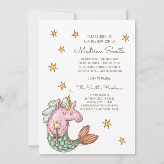 Whimsical Mermaid Unicorn Stars Baptisme Invitatio (Voorkant)