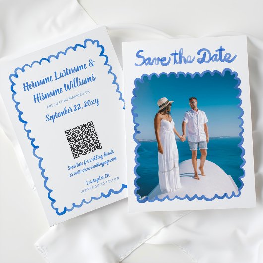 Whimsical met de hand getekende blauwe foto QR web Save The Date