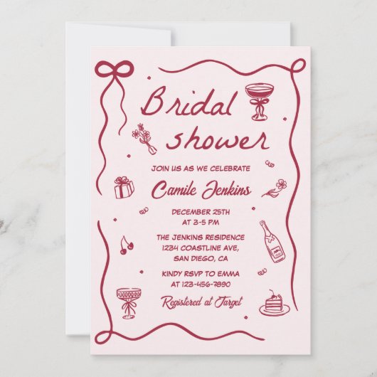 Whimsical met de hand getekende bruidsdouche kaart (Voorkant)