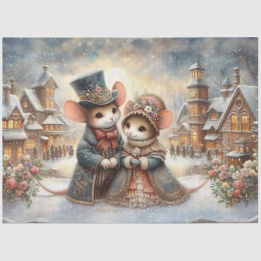 Whimsical Mice Rustic Snowy Village Decoupage Tissuepapier (Voorkant)