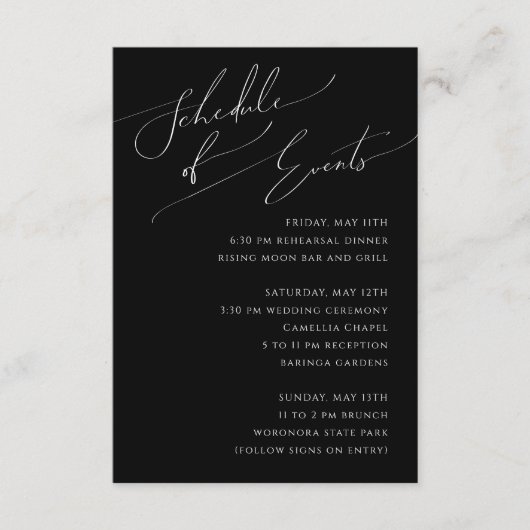 Whimsical Minimal Script Black Schedule of Events Informatiekaartje (Voorkant)