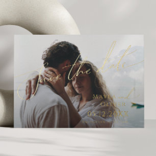 Whimsical Minimal Script Faded Photo Save the Date Folie Uitnodiging