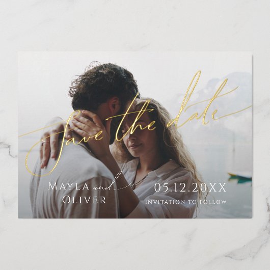 Whimsical Minimal Script Photo Save the Date Folie Folie Uitnodiging (Voorkant)