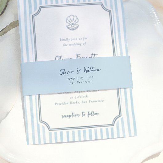 Whimsical Minimalist Blue Calligraphy Wedding Uitnodigingen Wikkel