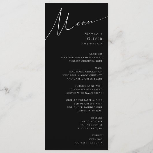 Whimsical-minimalistisch script | Zwarte bruiloft Menu (Voorkant)