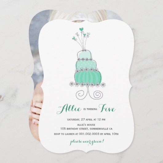 Whimsical Mint Cake Girl Birthday Party Invite Kaart (Voorkant / Achterkant)