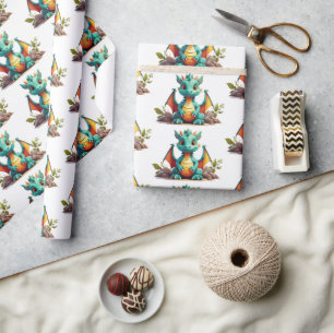 Whimsical Mint Green Baby Dragon Wrapping Paper Cadeaupapier