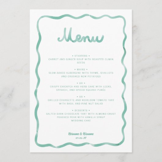 Whimsical Mintgroene Witte Golvende Frame Bruiloft Menu (Voorkant)