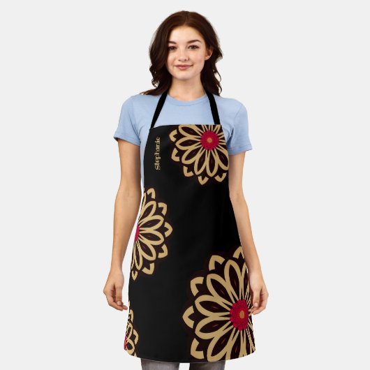 Whimsical Mod Bloemen Zwart & Goud Gepersonaliseer Schort (Gedragen)