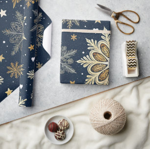Whimsical Modern Navy Gouden Sneeuwvlokken & Harte Cadeaupapier