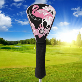 Whimsical Modern Zwart Roze Flamingo Golfheadcover