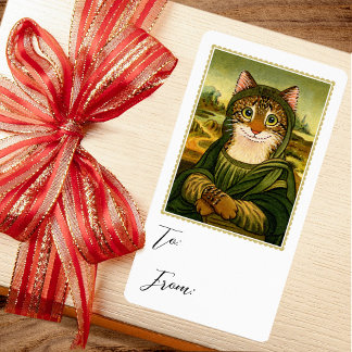 Whimsical Mona Lisa Kat Cadeau Sticker Label