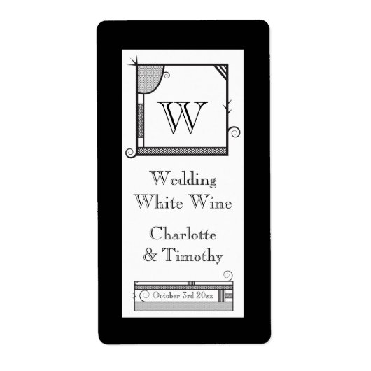 Whimsical Monogram Zwart-wit Wijnlabel Etiket (Voorkant)