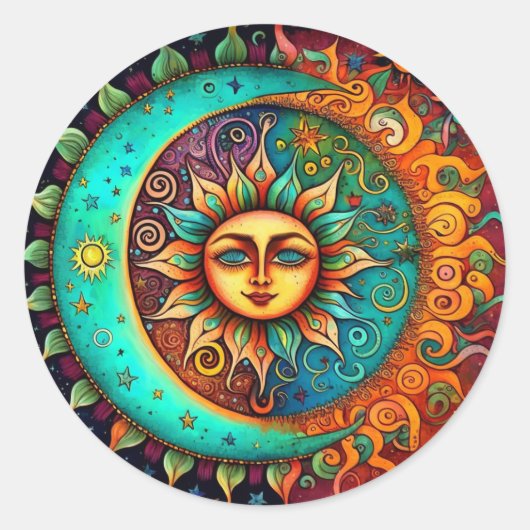 Whimsical Moon en Sun Ronde Sticker (Voorkant)