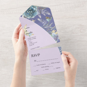 Whimsical Moon Paars Wedding All In One Uitnodiging