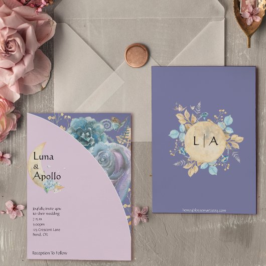 Whimsical Moon Paars Wedding Kaart